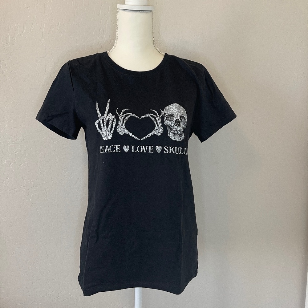 Women's Halloween Shirt Peace Love Skull - Size Small